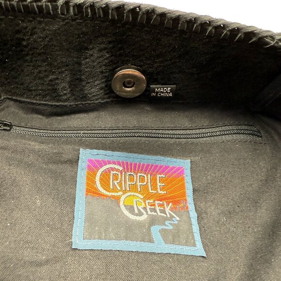 Cripple Creek Fringe Leather Shoulder Bag Black Beaded Studded Double Handles - Picture 7 of 15